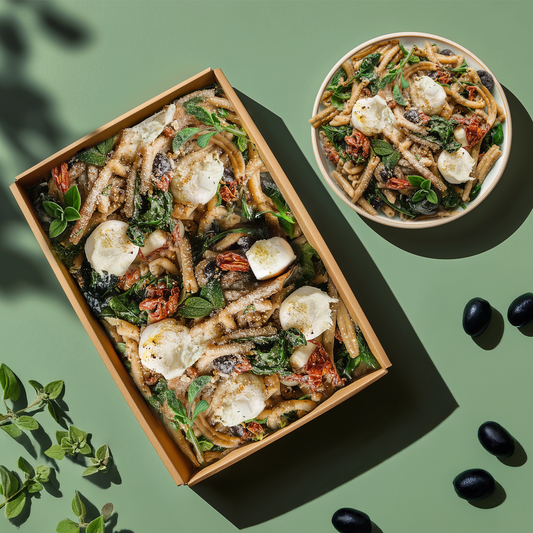 Pasta dish with cheese and vegetables in a wooden box on a green background